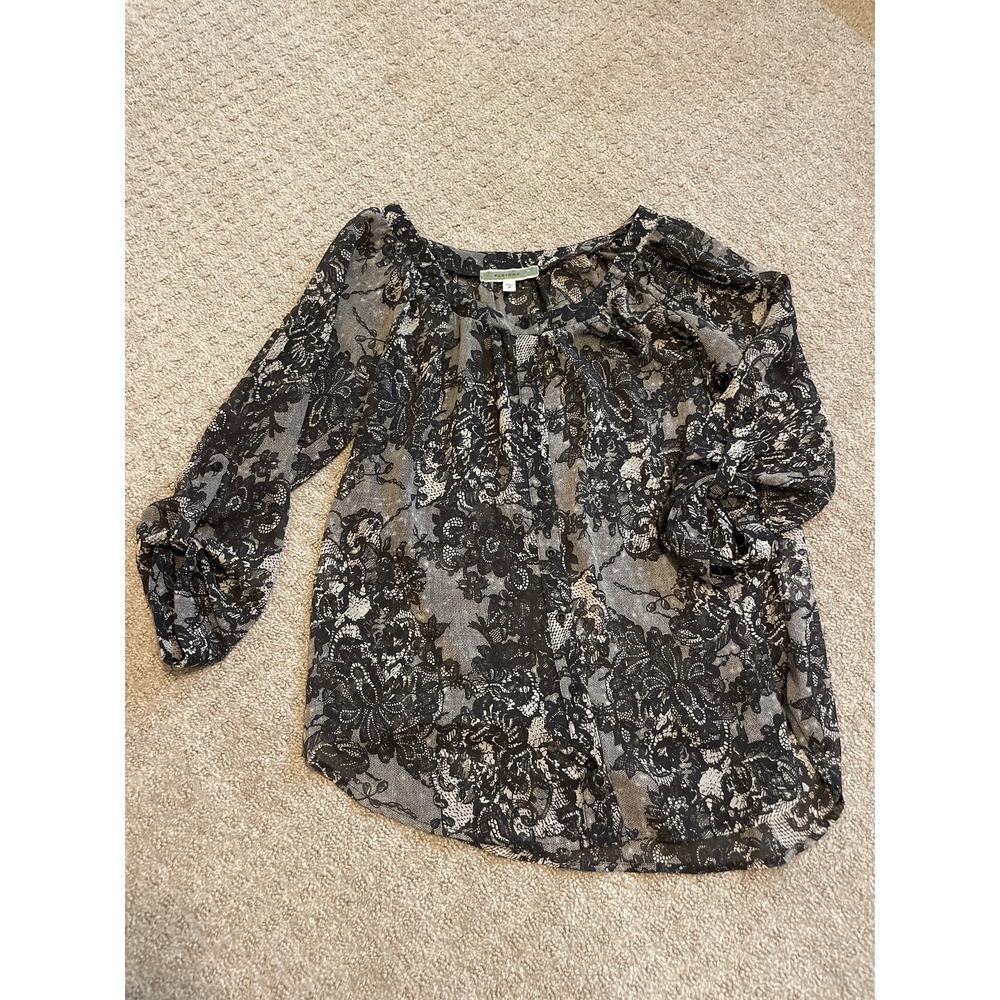 Pleione Black & Tan Floral Lace Print Button Down Blouse S